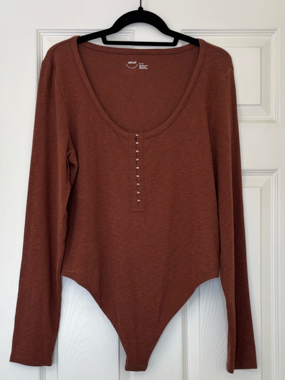 Aerie Cotton Blend Scoop Neck Ribbed Long Sleeve Hook and Eye Front Bodysuit